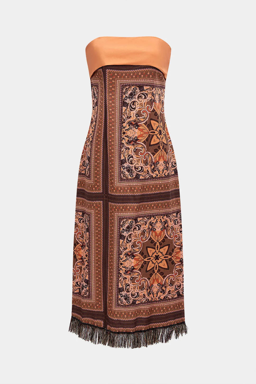 Bohemian Print Satin Fringe Trim Strapless Sleeveless Midi Dress sold by Micas