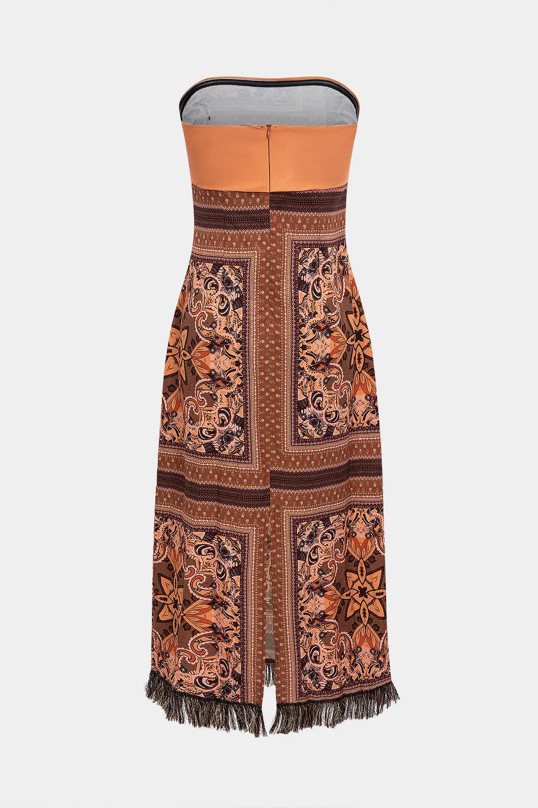 Bohemian Print Satin Fringe Trim Strapless Sleeveless Midi Dress sold by Micas product image thumbnail 2