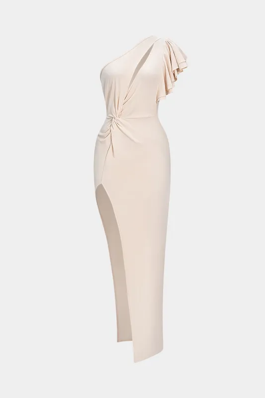 Ruffle Asymmetrical Shoulder Cut Out Sleeveless Midi Dress sold by Micas