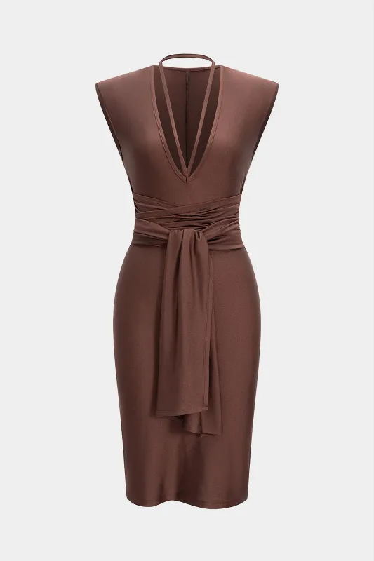 Tie Front Ruched Sleeveless Midi Dress sold by Micas