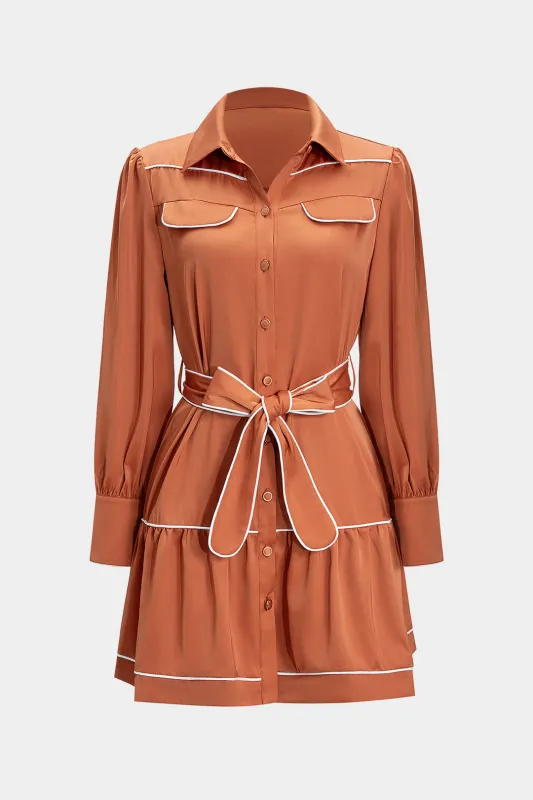 Satin Contrast Binding Tie-Front Long Sleeve Mini Dress sold by Micas