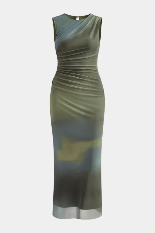 Watercolor Print Mesh Round Neck Ruched Slit Sleeveless Maxi Dress sold by Micas