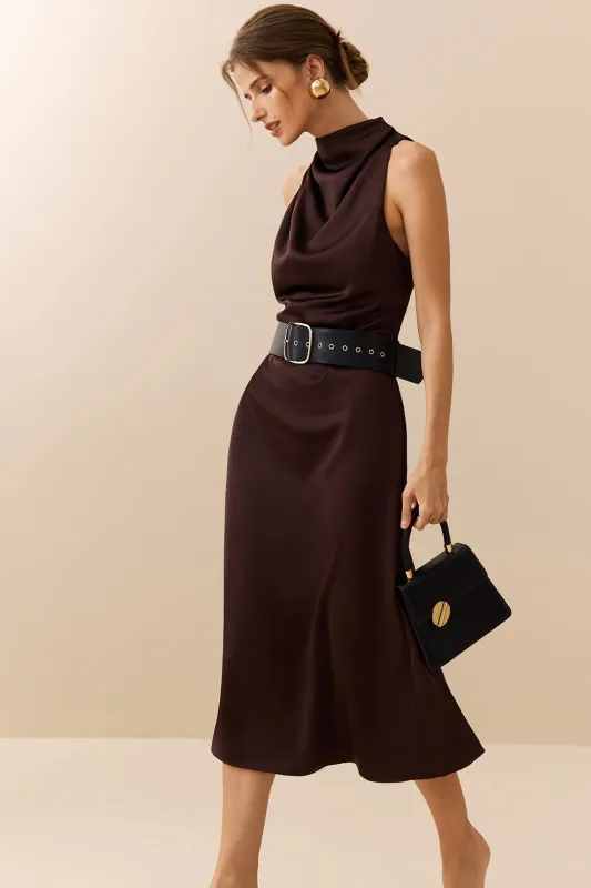 Satin Ruched Belted Sleeveless Maxi Dress sold by Micas