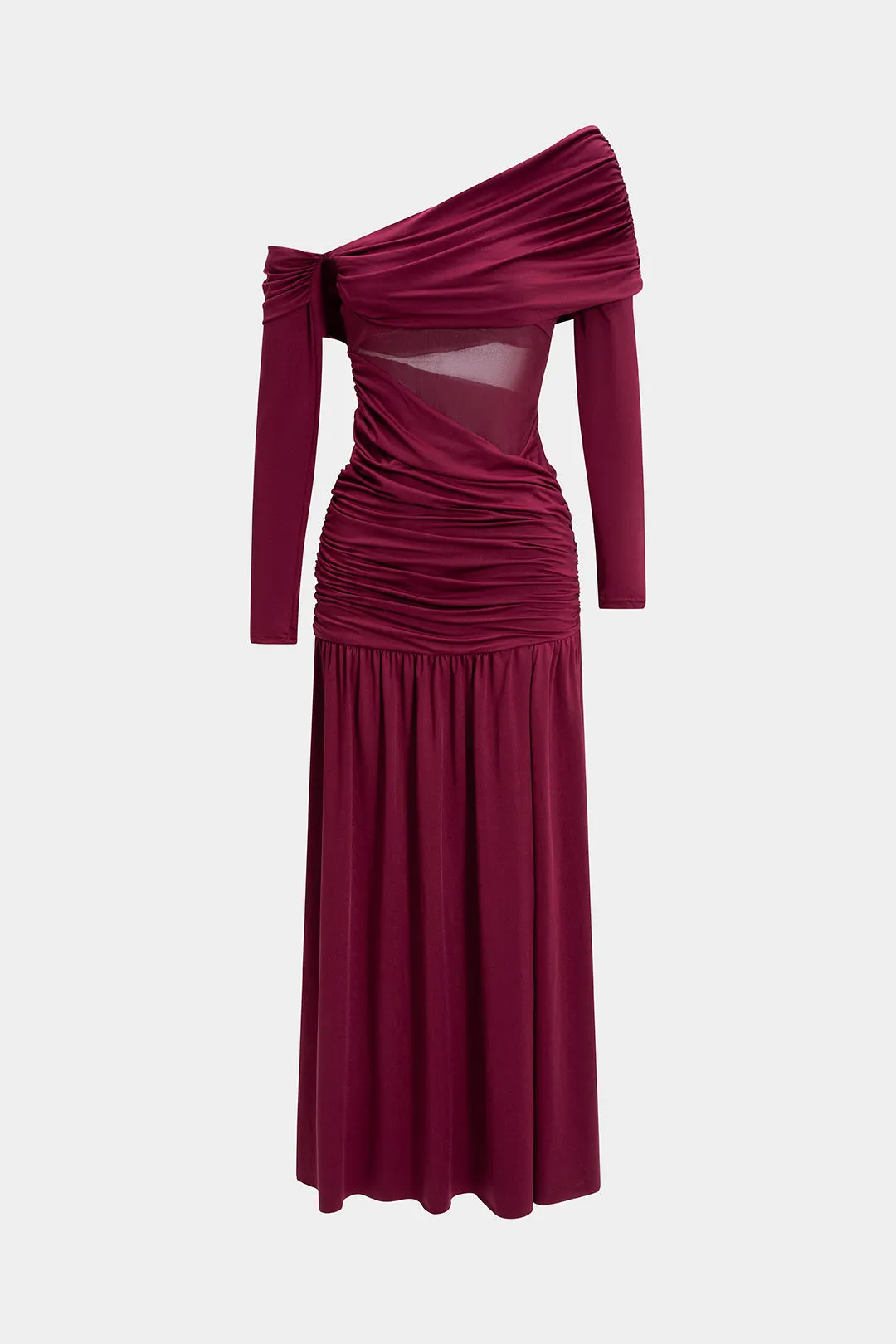 Mesh Patchwork Ruched Asymmetrical Shoulder Long Sleeve Maxi Dress sold by Micas product image thumbnail 2