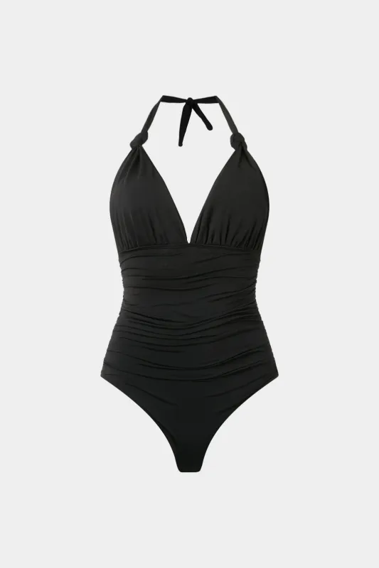 Halter V-Neck Tie-Back Ruched Backless Sleeveless Bodysuit sold by Micas