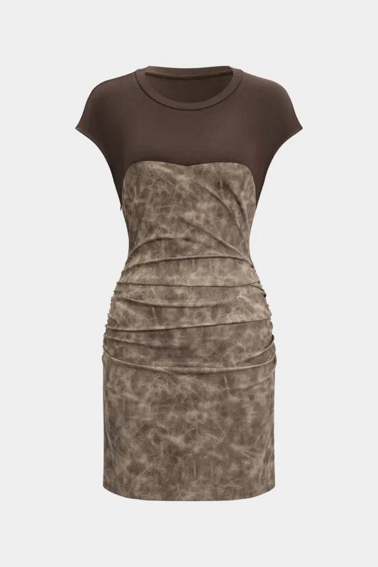 Faux Leather Patchwork Ruched Sleeveless Mini Dress sold by Micas