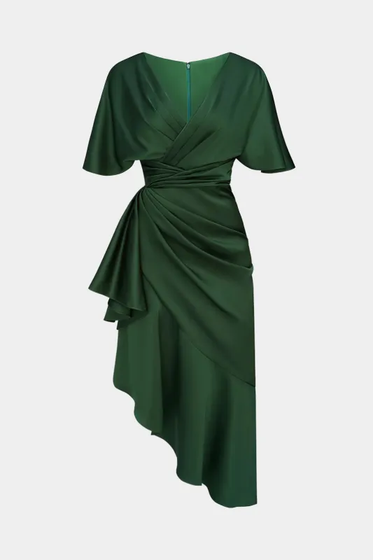 Satin Ruffle Ruched Short Sleeve V-Neck Midi Dress sold by Micas