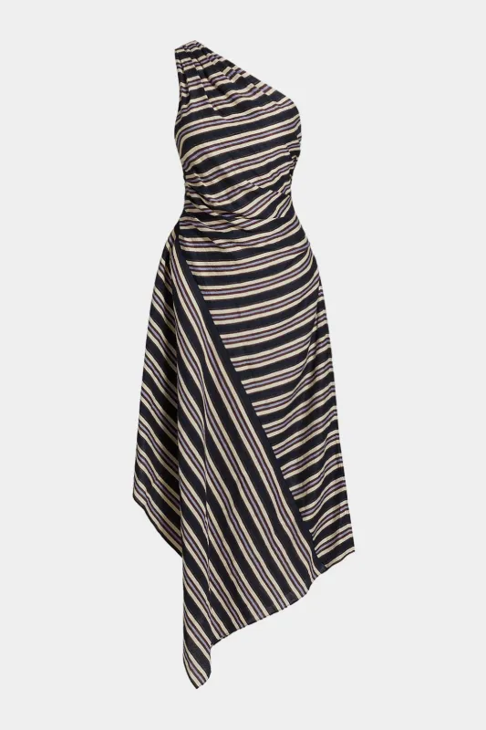 Contrast Stripes Print Ruched One Shoulder Sleeveless Maxi Dress sold by Micas