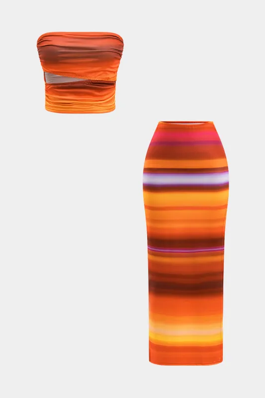 Ombre Print Ruched Cut Out Strapless Tube Top And Slit Maxi Dress sold by Micas