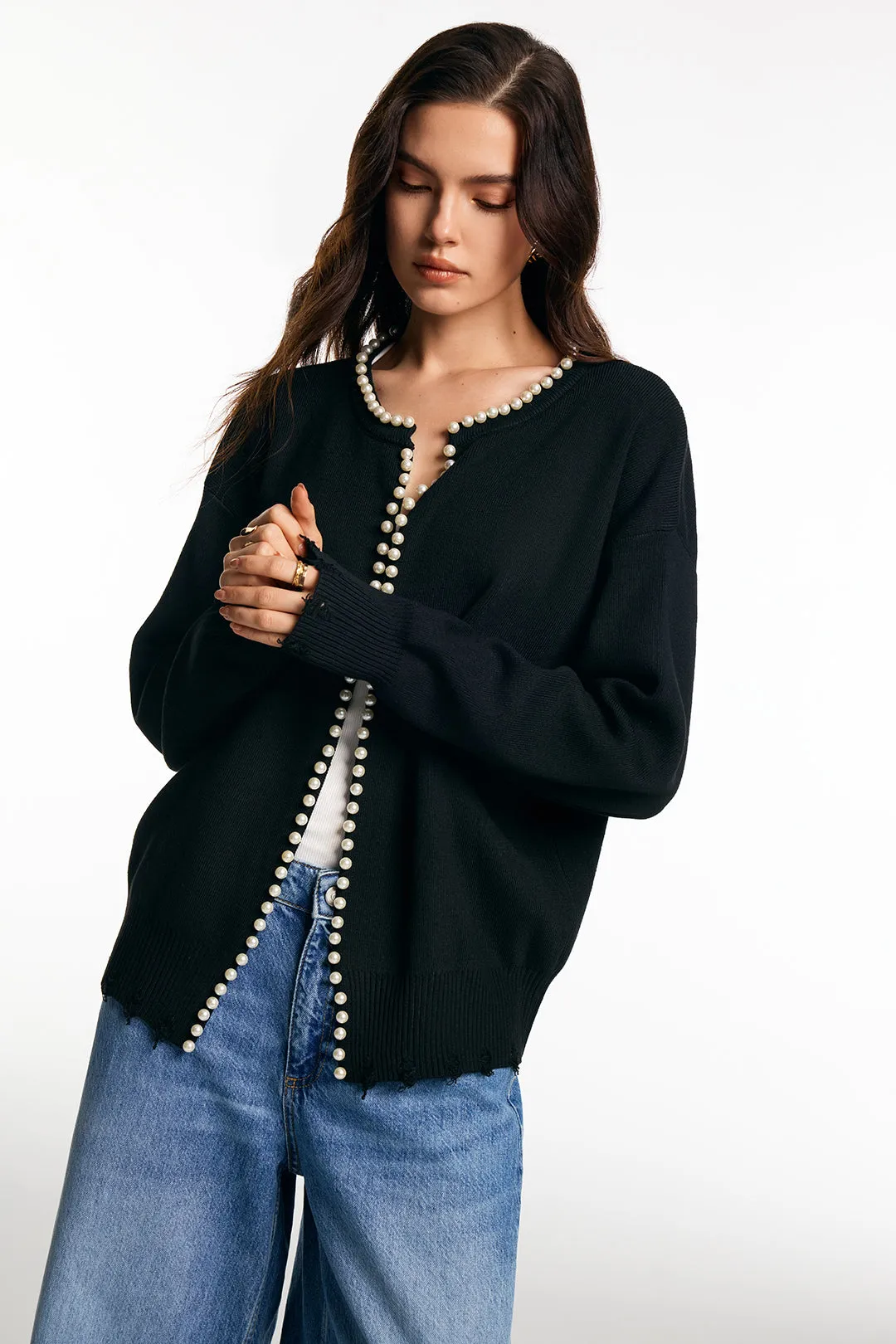 Knit Pearl Long Sleeve Cardigan sold by Micas