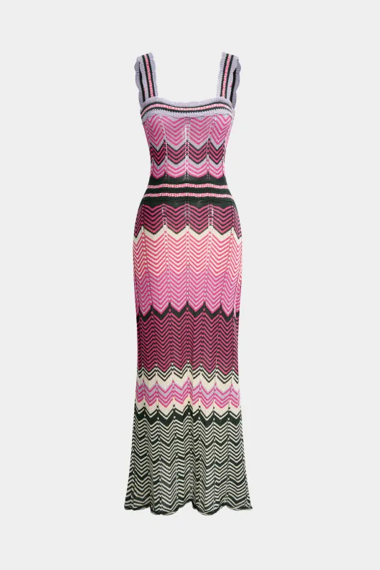 Knit Stripes Contrast Print Square Neck Sleeveless Dress sold by Micas