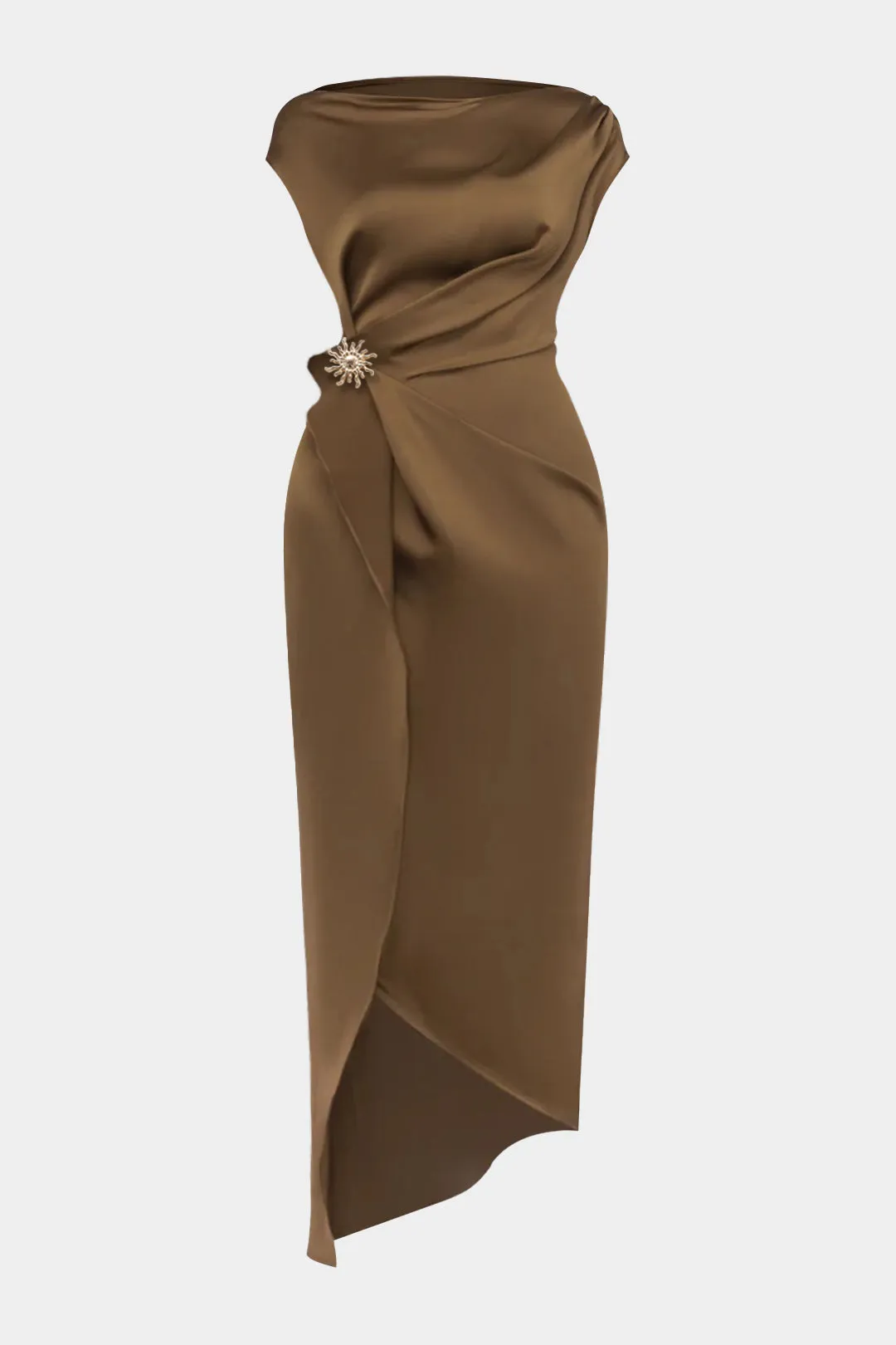 Satin Metallic Ruched Short Sleeve Midi Dress sold by Micas