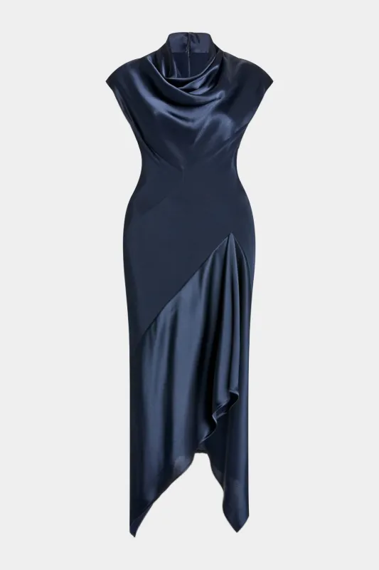 Satin Flutter Ruffle Cowl Neck Short Sleeve Midi Dress sold by Micas
