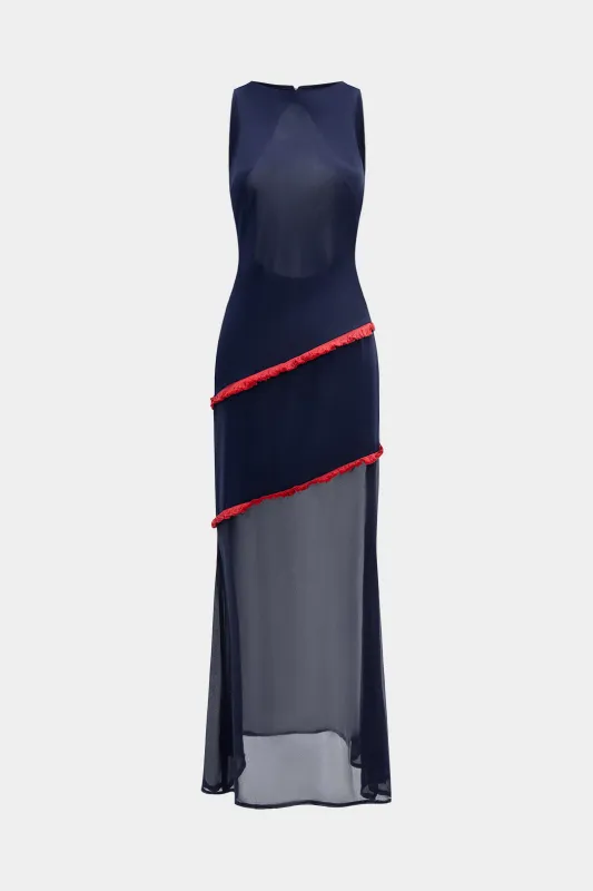 Chiffon Patchwork Contrast Fringes Sleeveless Maxi Dress sold by Micas