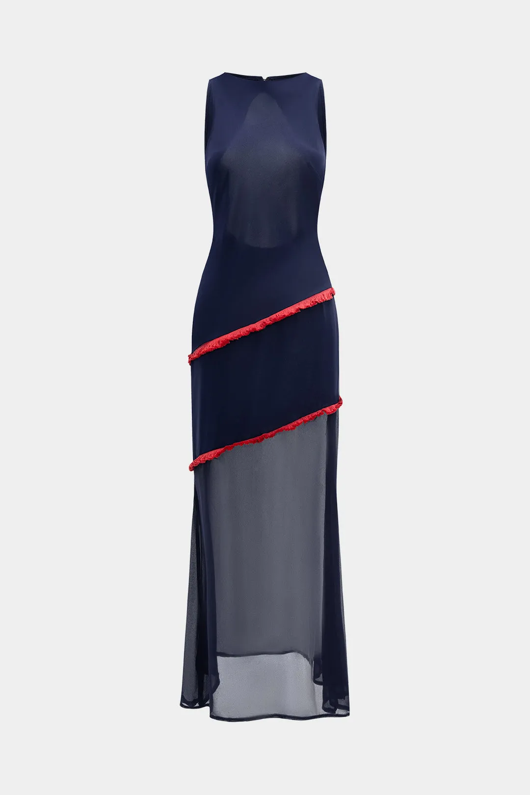 Chiffon Patchwork Contrast Fringes Sleeveless Maxi Dress sold by Micas