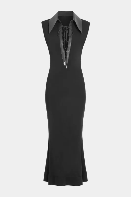 Faux Leather Patchwork Tie-Up V-Neck Sleeveless Maxi Dress sold by Micas