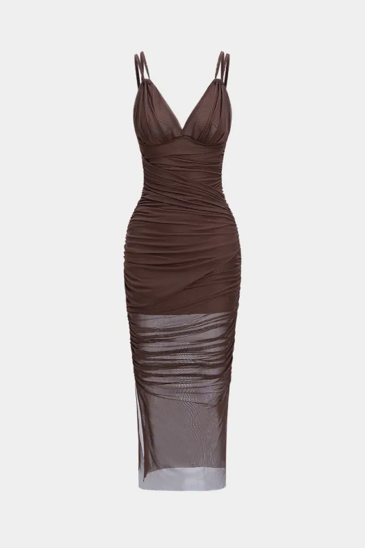 Mesh Ruched Slip V-Neck Sleeveless Midi Dress sold by Micas
