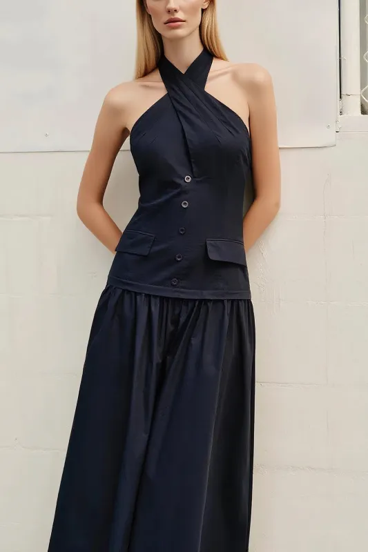 Button Halter Neck Crossed Sleeveless Maxi Dress sold by Micas