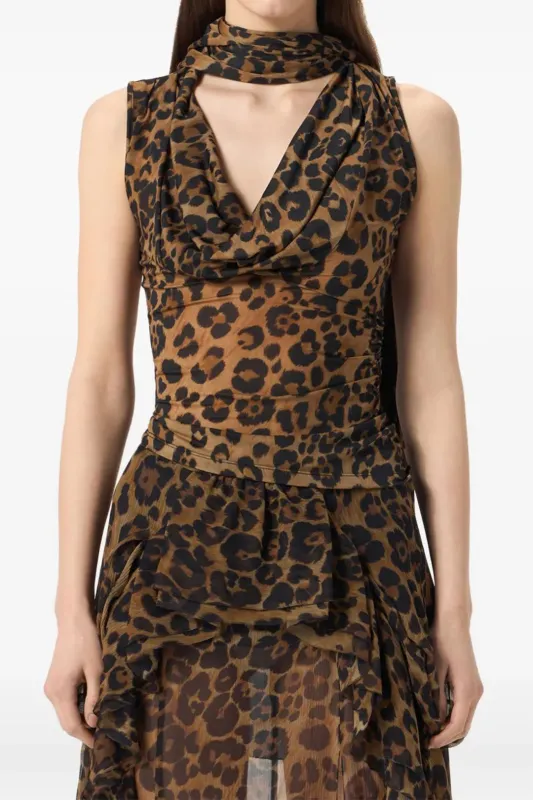Leopard Print Chiffon Draped Cowl Neck Cami Top With Scarf sold by Micas