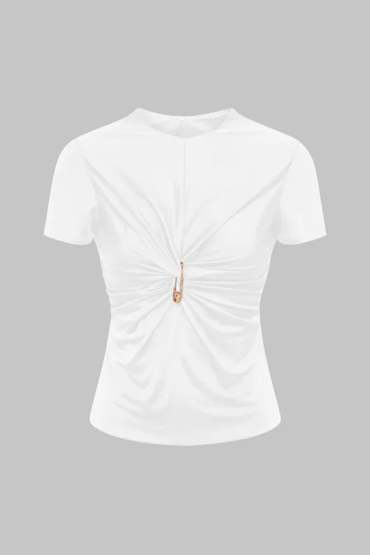 Ruched Round Neck Zipper Short Sleeve T-Shirt sold by Micas