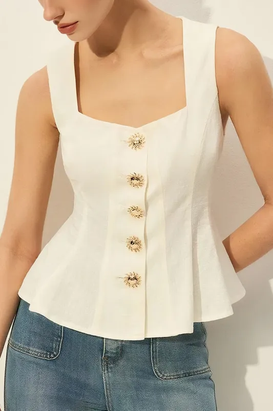 Linen Metallic Button Pleated Tank Top sold by Micas