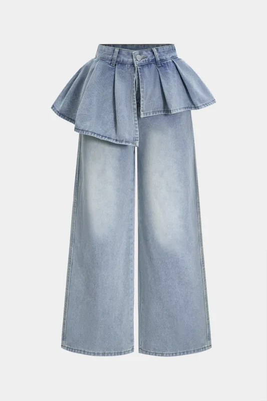 Denim Ruffle Pocket Straight Leg Trousers sold by Micas