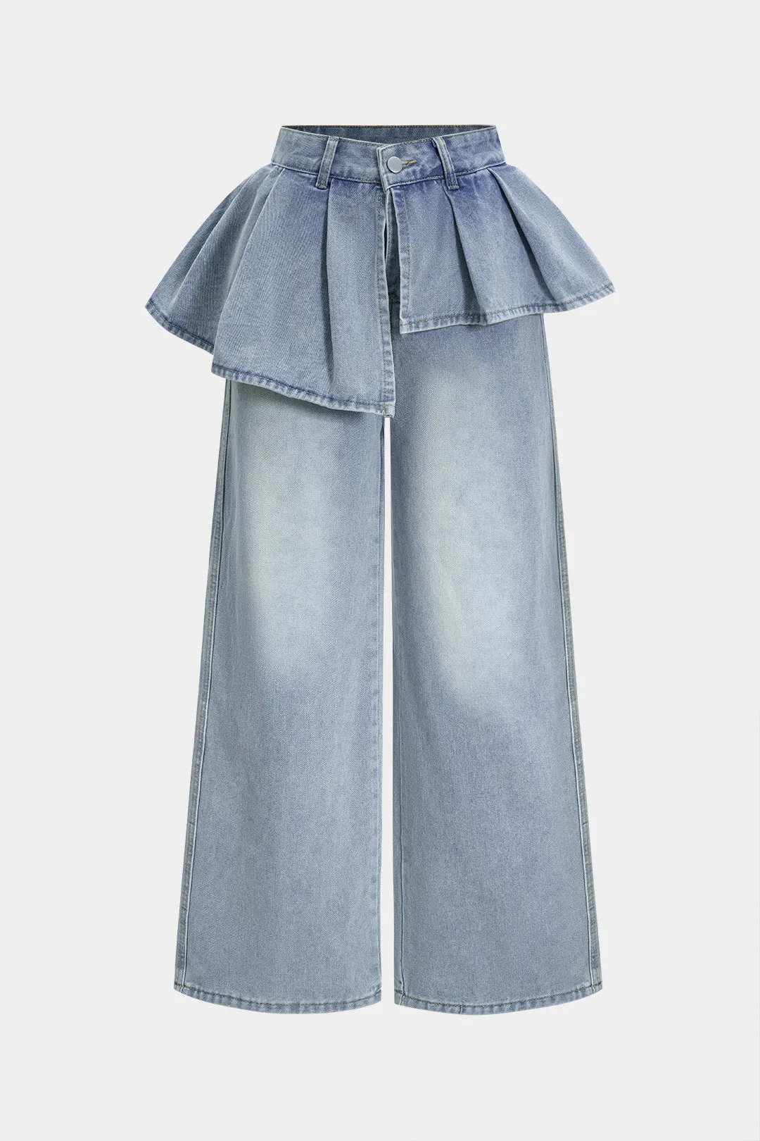 Denim Ruffle Pocket Straight Leg Trousers sold by Micas