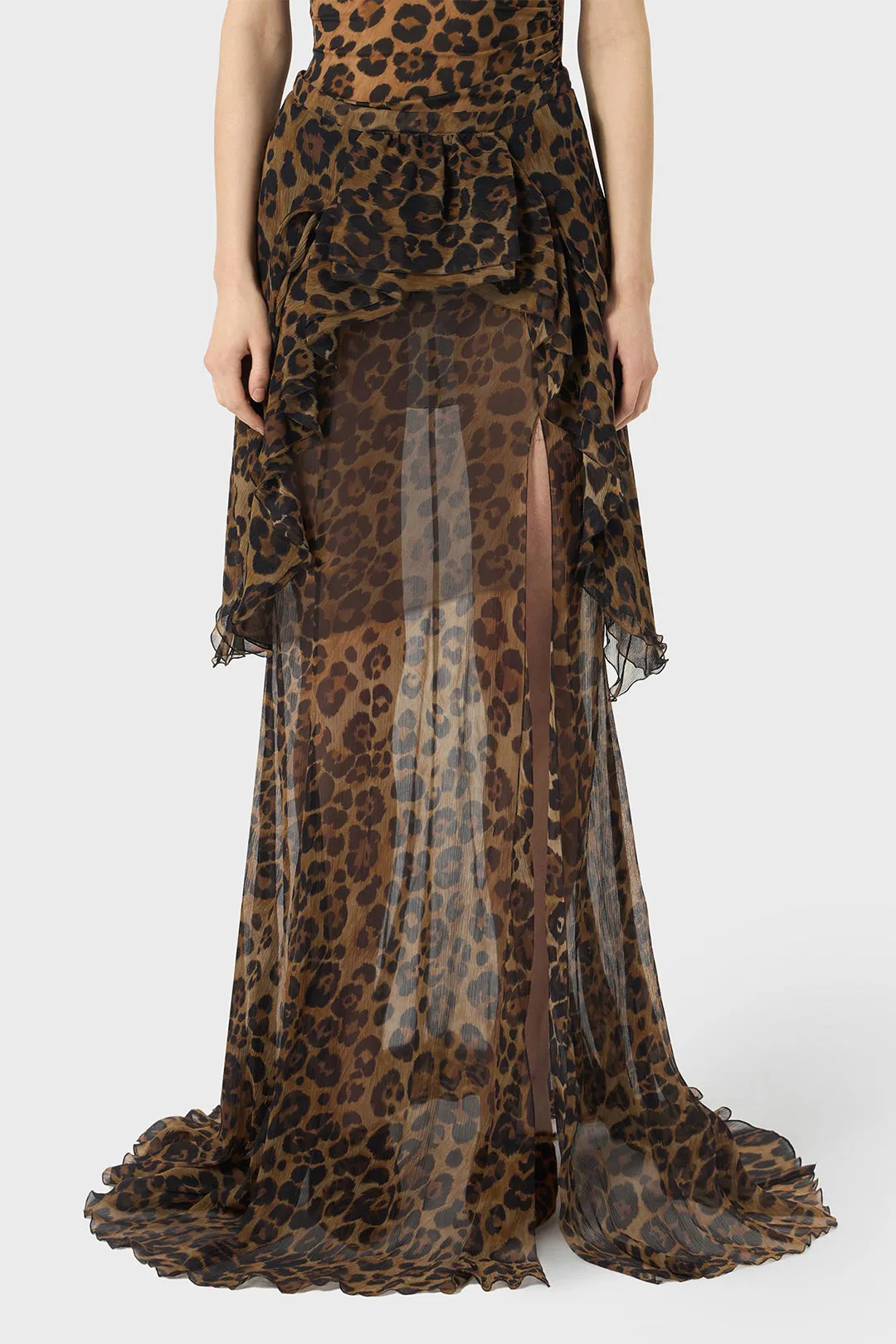 Leopard Print Chiffon Asymmetrical Ruffle Skirt sold by Micas