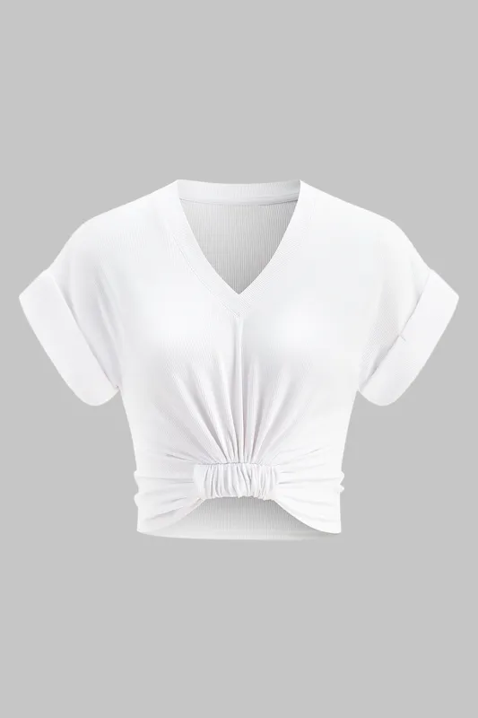 Ruched V-Neck Twist Knot Short Sleeve T-Shirt sold by Micas
