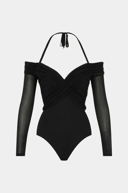 Mesh Halter Neck Tie-Back Long Sleeve Bodysuit sold by Micas