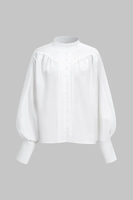 Stand Collar Button Ruched  Long-Sleeve Shirt sold by Micas