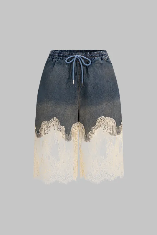 Denim Patchwork Drawstring Wide Leg Shorts made by Micas