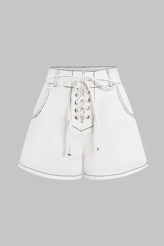 Denim High Waist Tie-Up Contrast Whipstitching Shorts sold by Micas