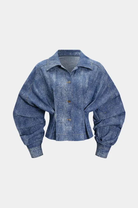 Denim Print Ruched Button Gigot Sleeve Denim Top sold by Micas