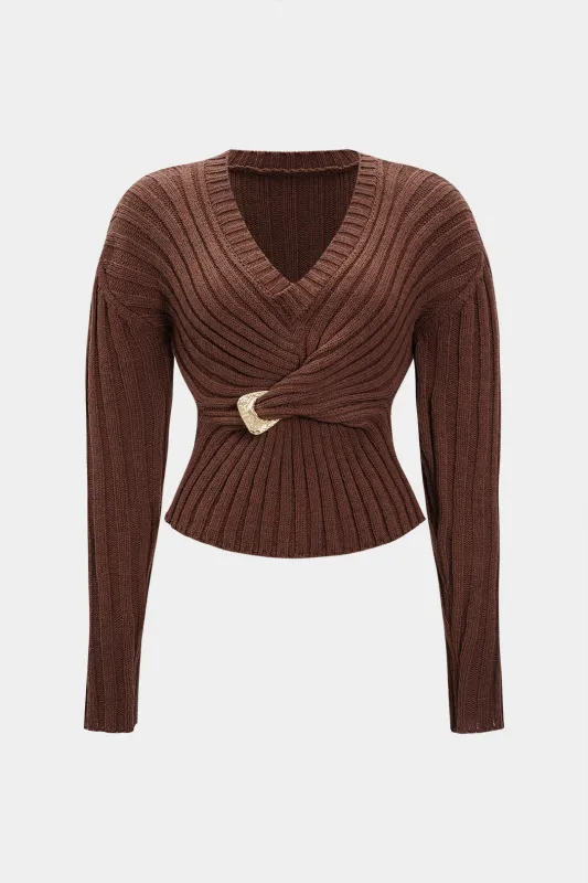 Knit Gigot Sleeve V-Neck Metallic Twist Knot Long-Sleeve Top sold by Micas