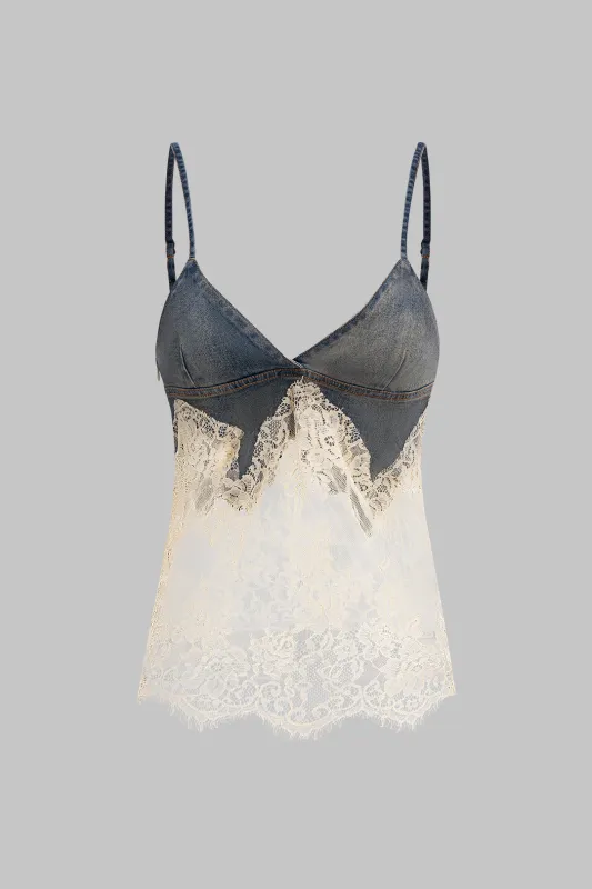 Denim Patchwork Slip Split-Set Top sold by Micas
