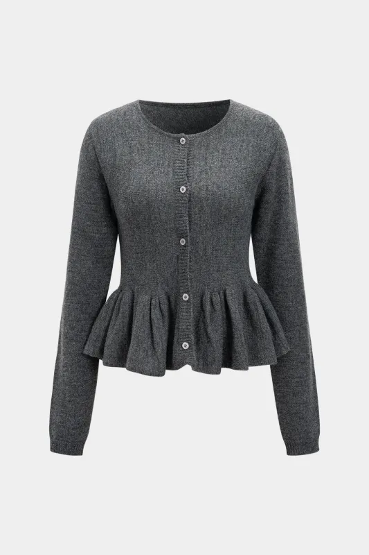Knit Button Ruffle Hem Cardigan sold by Micas