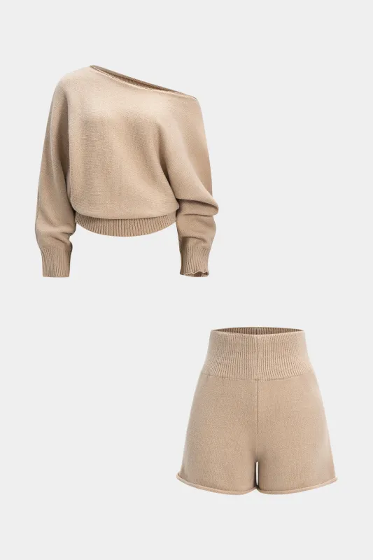 Knit Texture Asymmetrical Neck Long-Sleeve Top And Shorts Set sold by Micas
