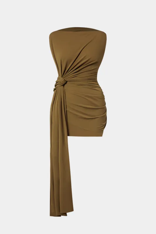 Tie Front Asymmetrical Ruched Sleeveless Mini Dress sold by Micas