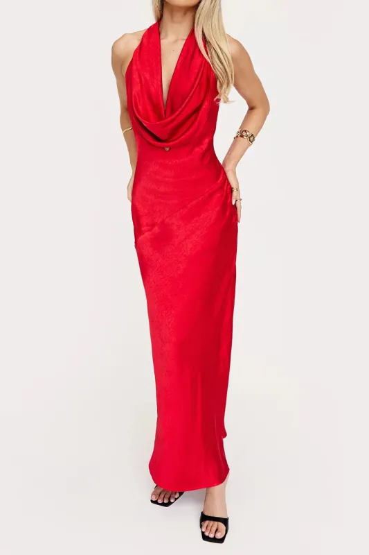 Satin Hollow Out Draped Cowl Neck Sleeveless Maxi Dress sold by Micas