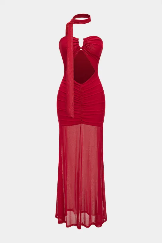Mesh Backless Cut Out Ruched Strapless Sleeveless Maxi Dress sold by Micas