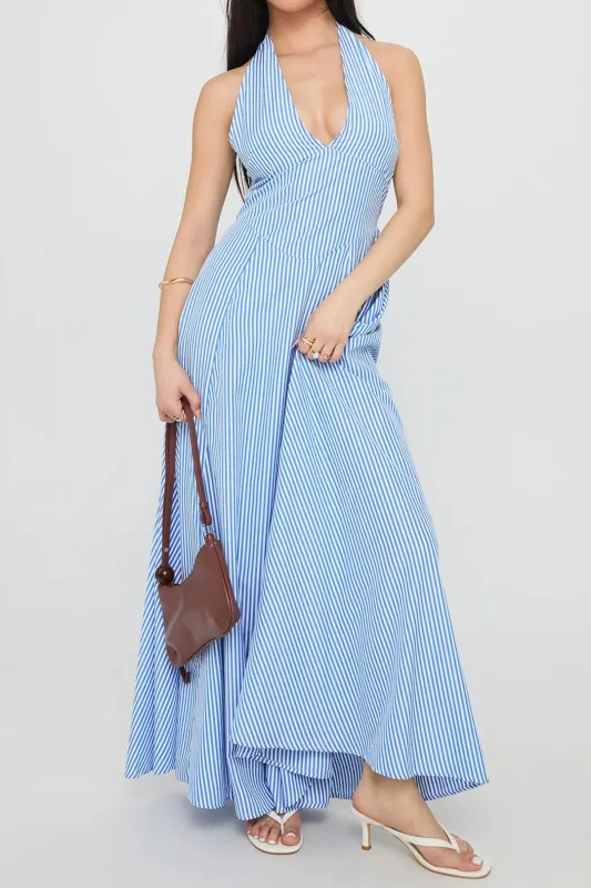 Stripes Print Halter Neck Shirred Sleeveless Maxi Dress sold by Micas