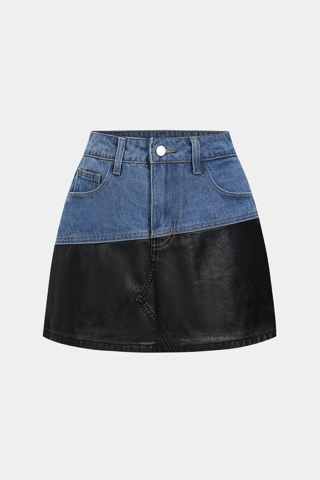 Faux Leather Patchwork Denim Skirt sold by Micas