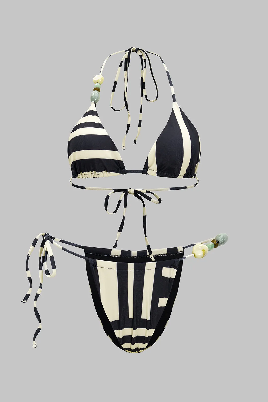 Contrast Stripes Print Tie-Up Beaded Bikini Set sold by Micas