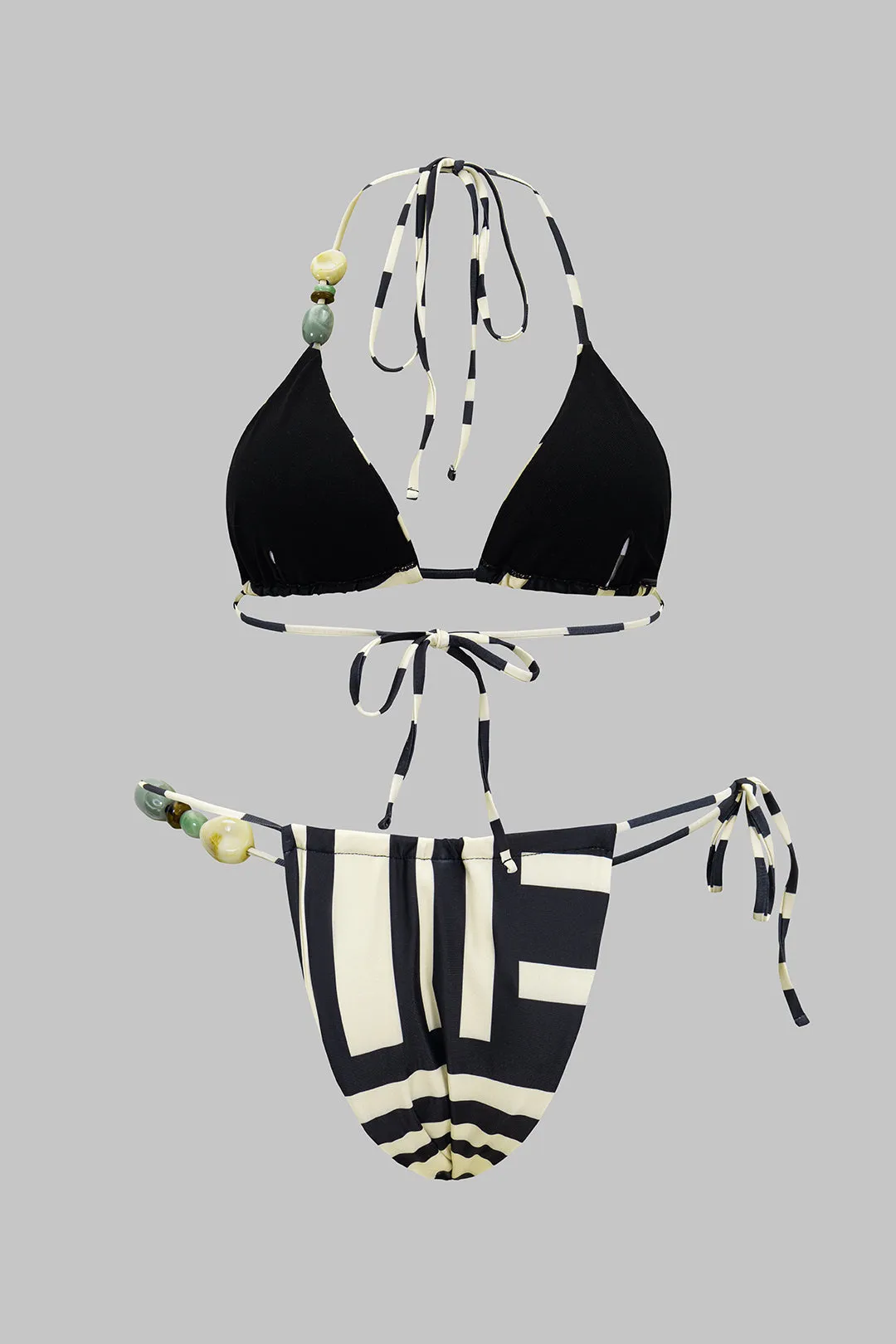 Contrast Stripes Print Tie-Up Beaded Bikini Set sold by Micas product image thumbnail 2