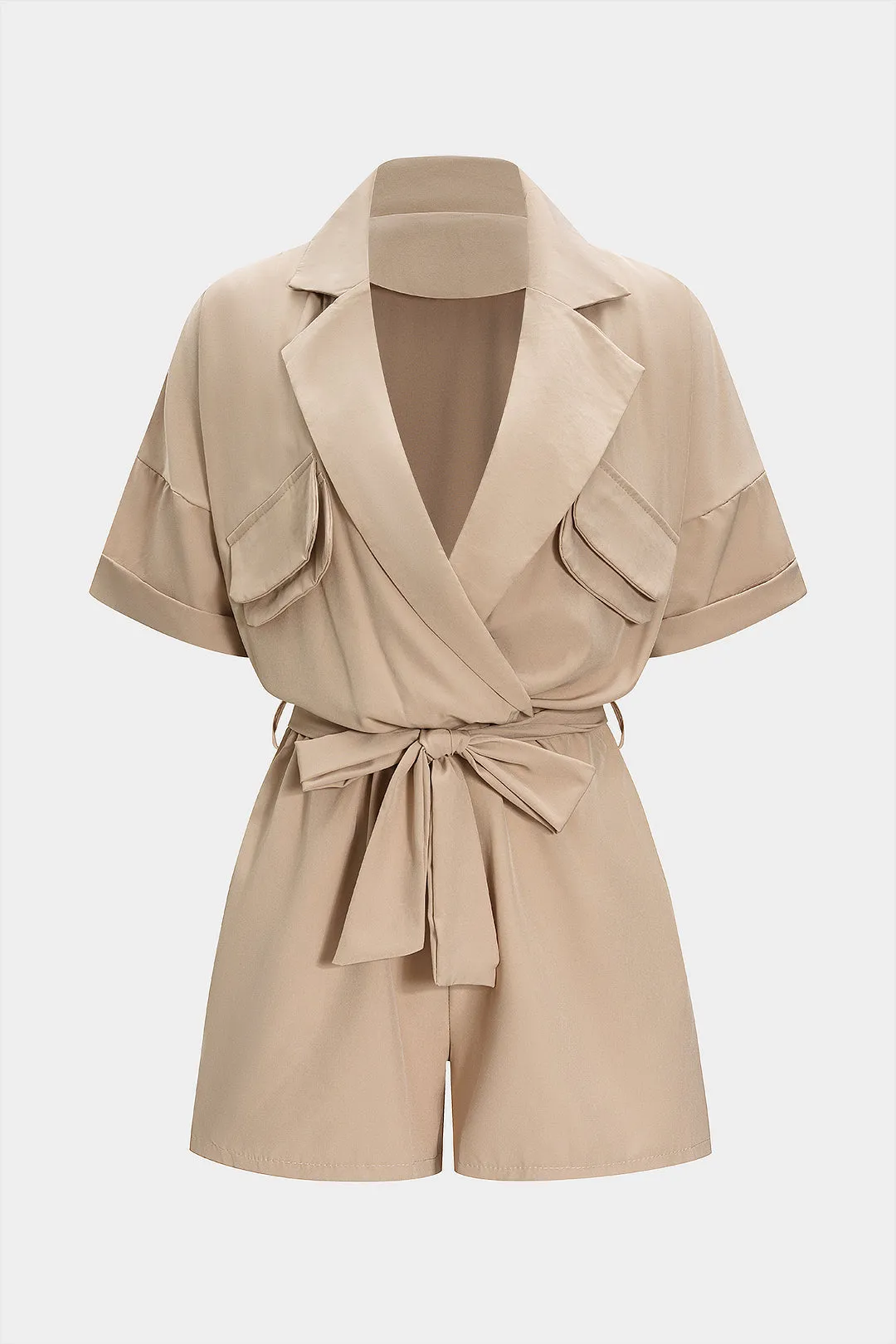 Tie-Up Lapel Belted Short Sleeve Jumpsuit sold by Micas