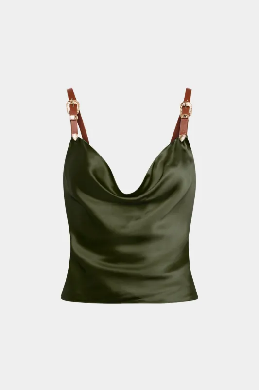 Satin Metallic Slip Draped Cowl Neck Cami Top sold by Micas