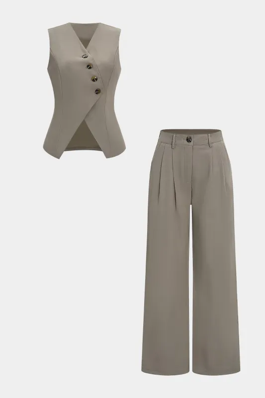 V-Neck Asymmetrical Button Vest And High Waist Trousers Set sold by Micas