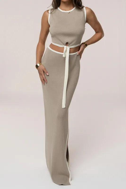 Contrast Tie-Up Hollow Out Tank Top And Side Slit Skirt Set sold by Micas