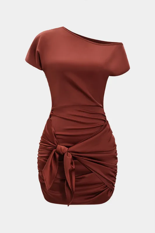 Satin Ruched Tie-Up Short Sleeve Mini Dress sold by Micas